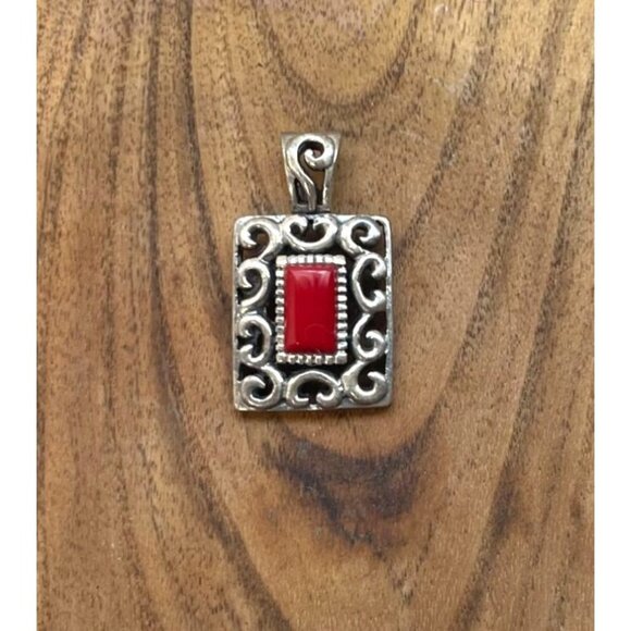Vintage Sterling Silver 925 Ornate Rectangle Red Stone Enamel Pendant 1" X .75" - Picture 2 of 6